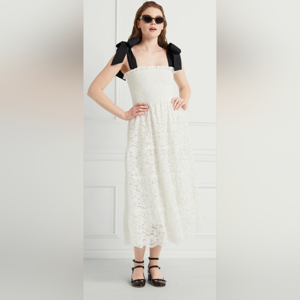 Hill House The Lace Ribbon Ellie Nap Dress White Lace with Black Ribbon Straps - Picture 2 of 9